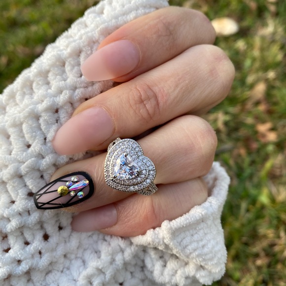 925 Silver Ring Heart Shaped Sapphire Wedding - Picture 9 of 10